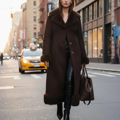 Handmade Shearling Coat, Dark Brown, Cozy Fur Trim, for Winter Fashion