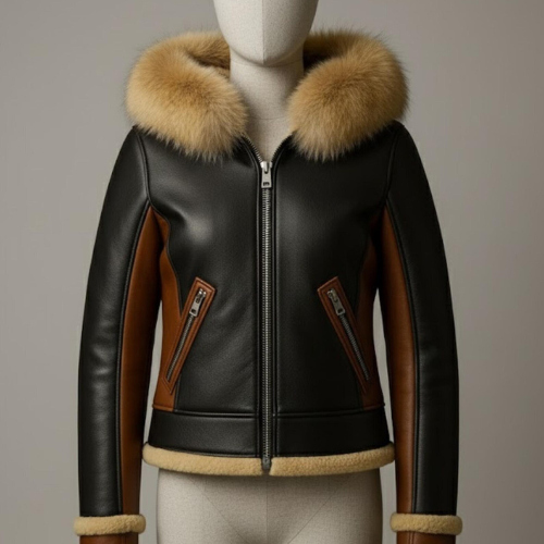 Handmade Black Leather Shearling Jacket – Women's Winter Aviator Coat