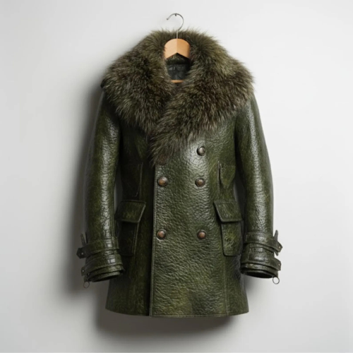 Handmade Green Leather Coat – Mens Winter Coat, Vintage Style Fur Collar Jacket