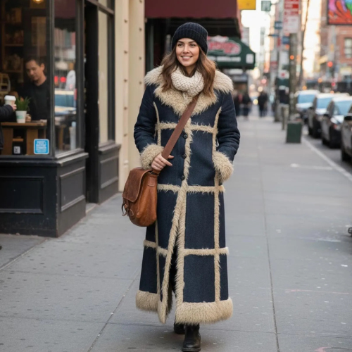 Long Denim Faux Shearling Coat for Women – Vintage 70s Style Winter Jacket, Warm Faux