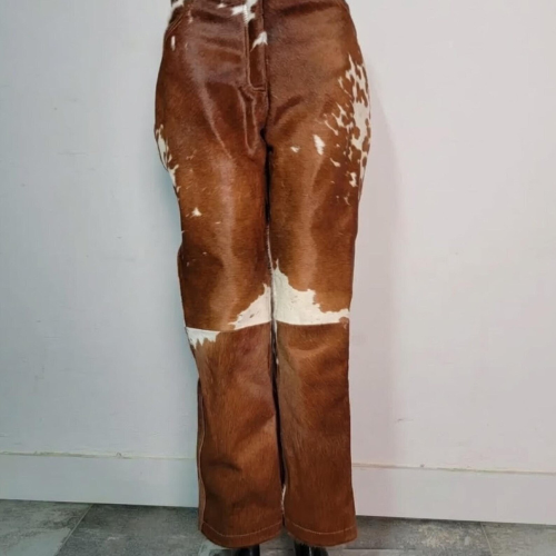 Handmade Brown Cowhide Pants – Real Hair On Hide Western Trousers for Rodeo