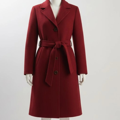 Handmade Red Wool Coat Women – Classic Belted Winter Outerwear, Minimalist Style