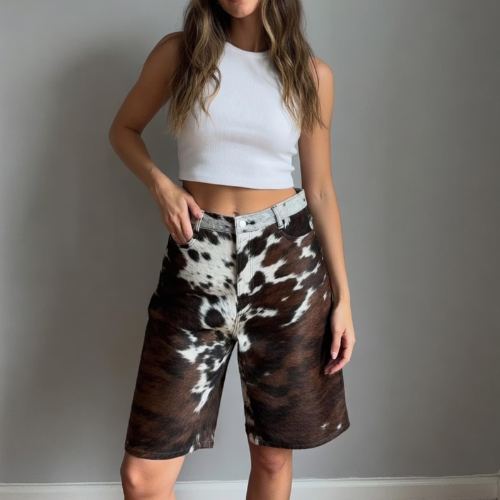 Handmade Cowhide Bermuda Shorts Women Brown White Real Hair On Leather Western Trendy Cowgirl