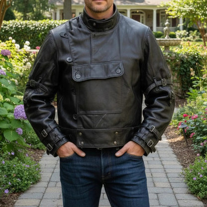 Handmade Black Leather Motorcycle Jacket - Rugged Steampunk Biker Style Gift