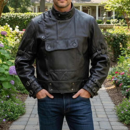 Handmade Black Leather Motorcycle Jacket - Rugged Steampunk Biker Style Gift