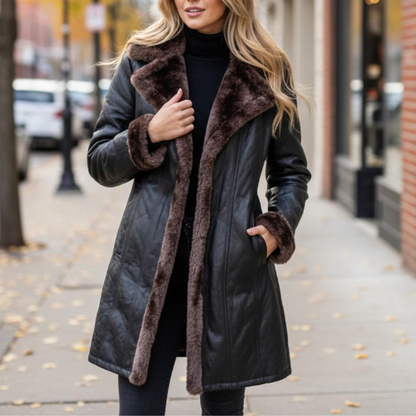Handmade Black Leather Fur Coat – Penny Lane Style Shearling for Winter