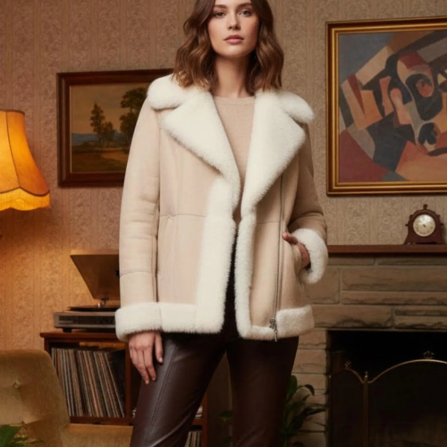 Women's Beige Sheepskin Shearling Jacket – Warm Winter Coat