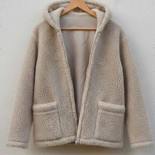 Handmade Beige Sherpa Jacket, Teddy Fleece Hoodie – Cozy Winter Outerwear