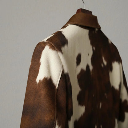 Western Cow Print Leather Jacket, Handmade Cowhide Coat, Hair on Hide Brown Jacket