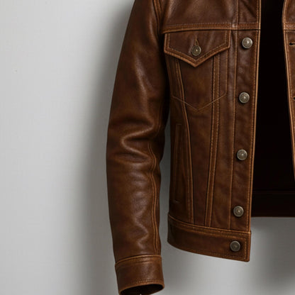 Vintage Style Brown Leather Jacket: Button Front, Gift for Him