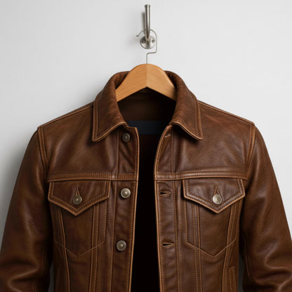 Vintage Style Brown Leather Jacket: Button Front, Gift for Him
