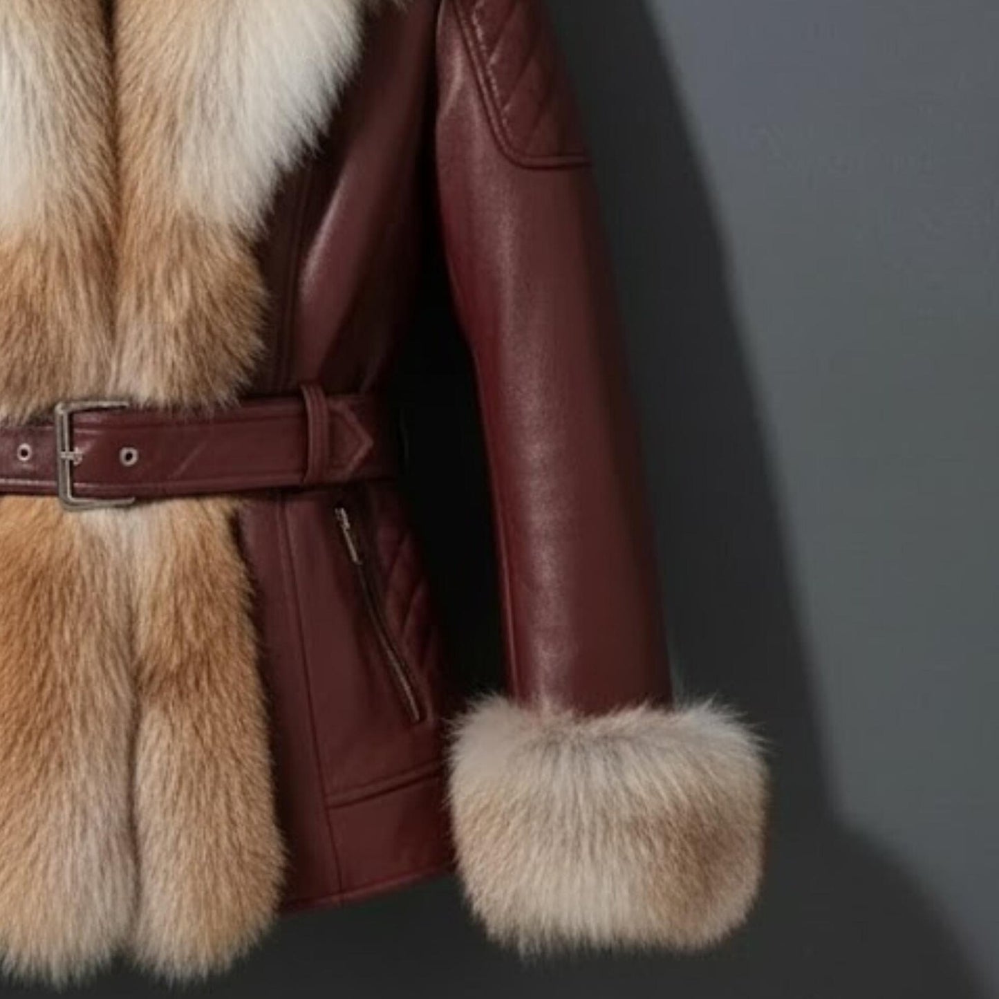 Handmade Burgundy Leather Fox Fur Jacket – Women's Winter Moto Coat, Real Fur Outerwear.