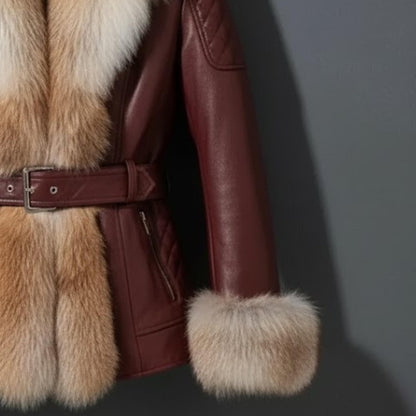 Handmade Burgundy Leather Fox Fur Jacket – Women's Winter Moto Coat, Real Fur Outerwear.
