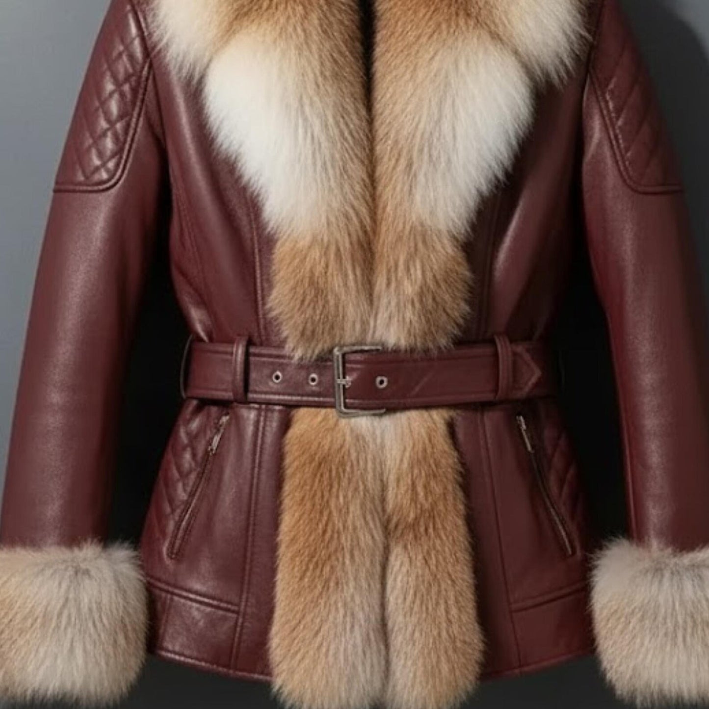 Handmade Burgundy Leather Fox Fur Jacket – Women's Winter Moto Coat, Real Fur Outerwear.