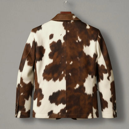 Western Cow Print Leather Jacket, Handmade Cowhide Coat, Hair on Hide Brown Jacket