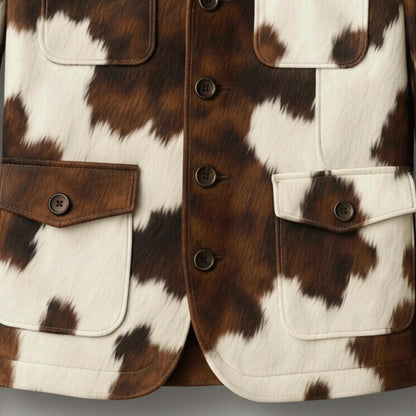 Western Cow Print Leather Jacket, Handmade Cowhide Coat, Hair on Hide Brown Jacket