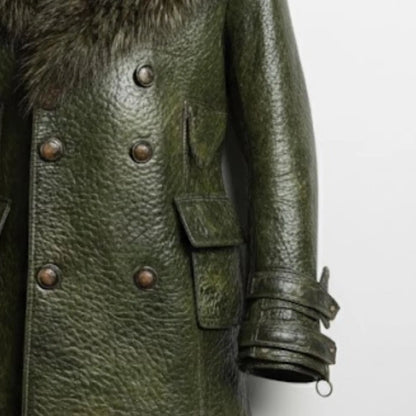 Handmade Green Leather Coat – Mens Winter Coat, Vintage Style Fur Collar Jacket