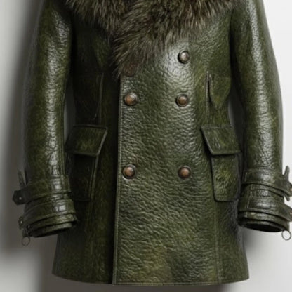 Handmade Green Leather Coat – Mens Winter Coat, Vintage Style Fur Collar Jacket