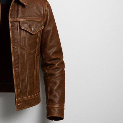 Vintage Style Brown Leather Jacket: Button Front, Gift for Him