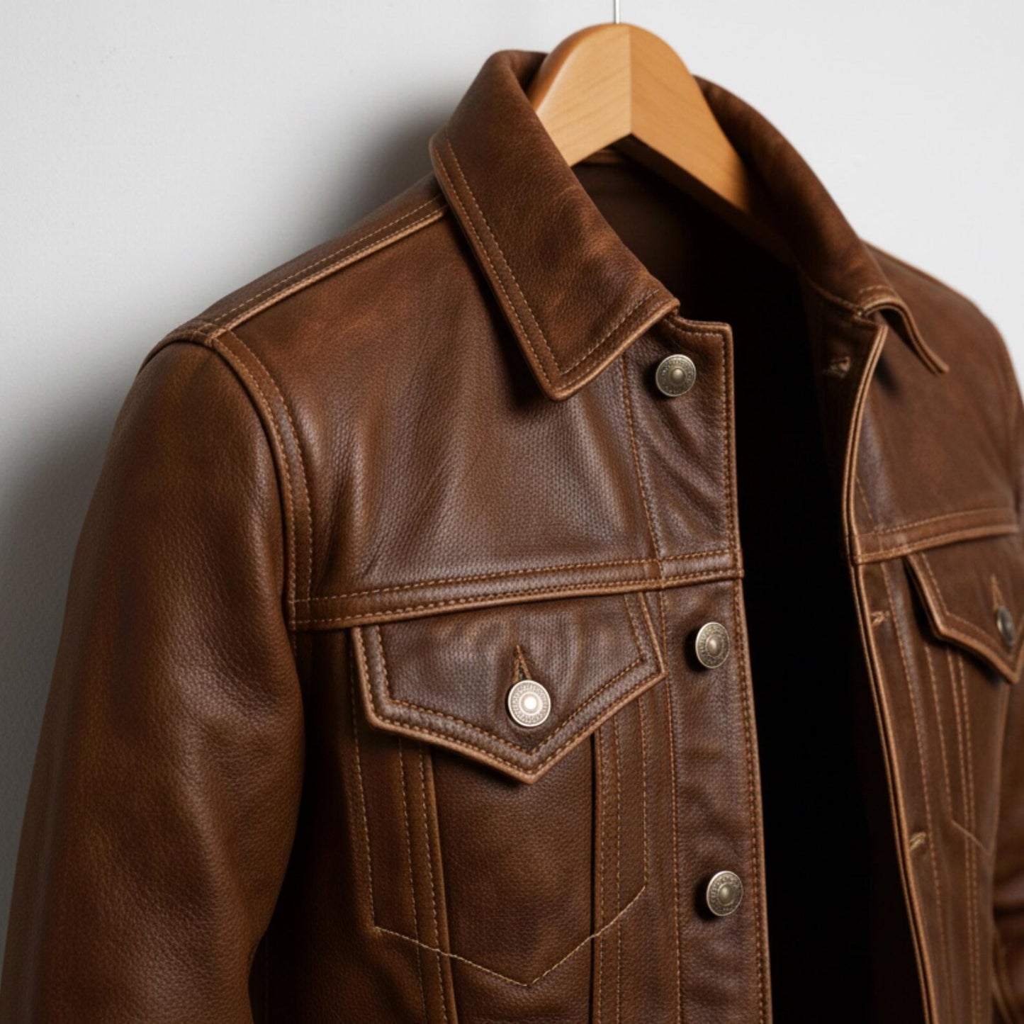 Vintage Style Brown Leather Jacket: Button Front, Gift for Him