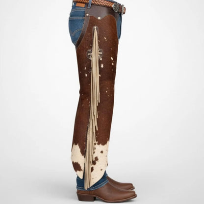 Handmade Brown Hair On Hide Cowhide Chaps with Western Fringe for Rodeo Wear