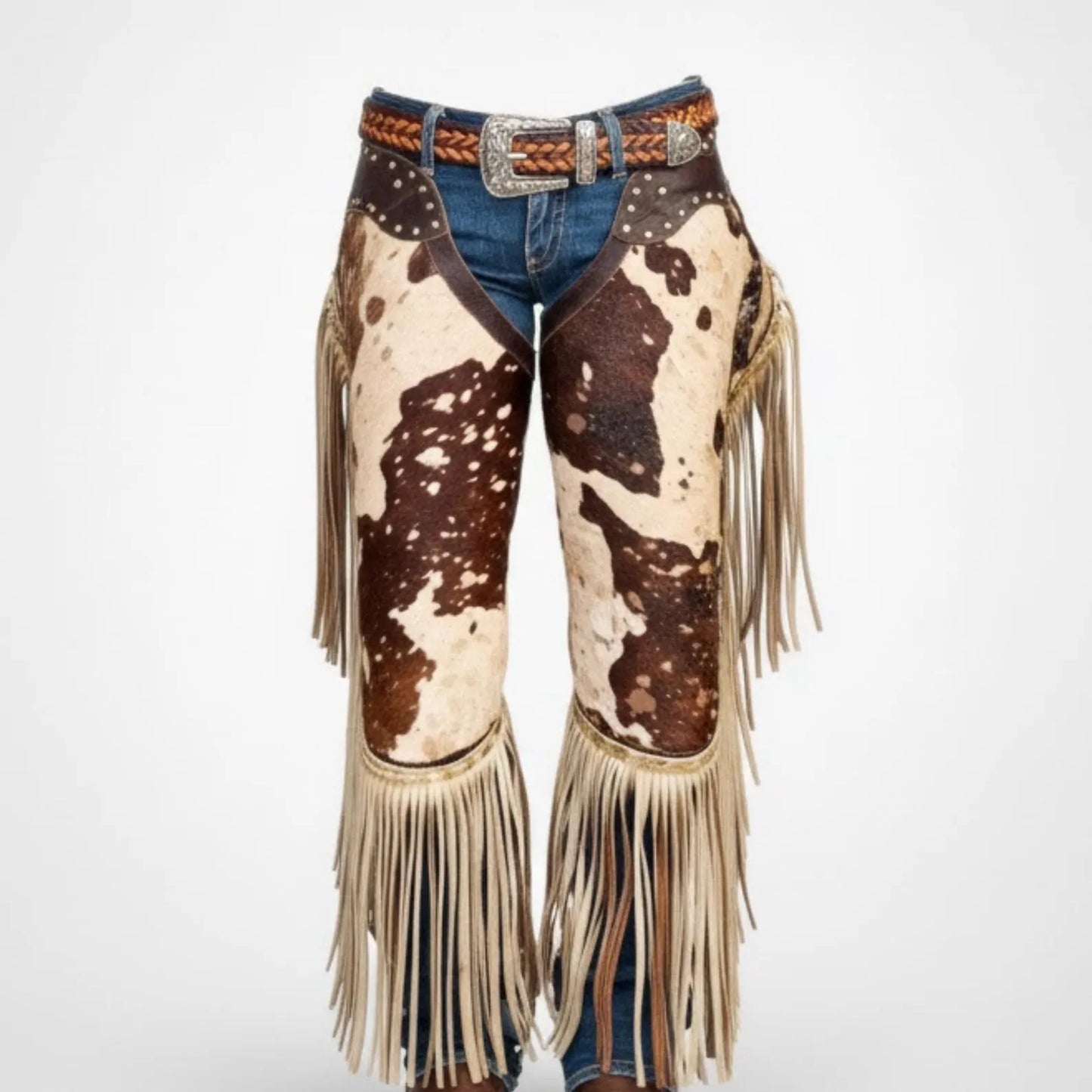 Handmade Brown Hair On Hide Cowhide Chaps with Western Fringe for Rodeo Wear