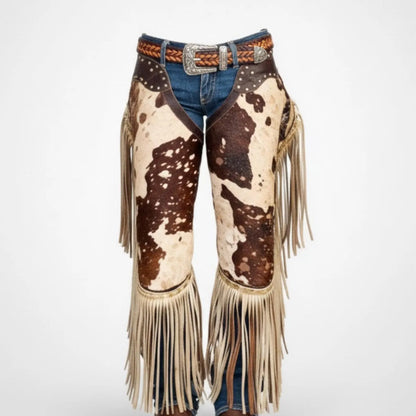 Handmade Brown Hair On Hide Cowhide Chaps with Western Fringe for Rodeo Wear