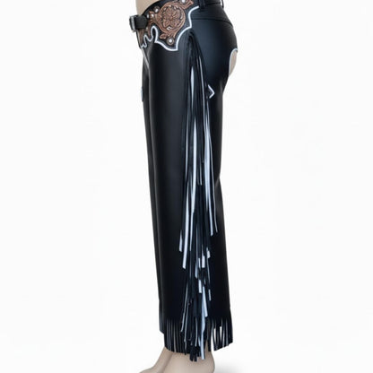 Custom Leather Bull Riding Chaps with Cross, Handmade Western Rodeo Cowboy Gear