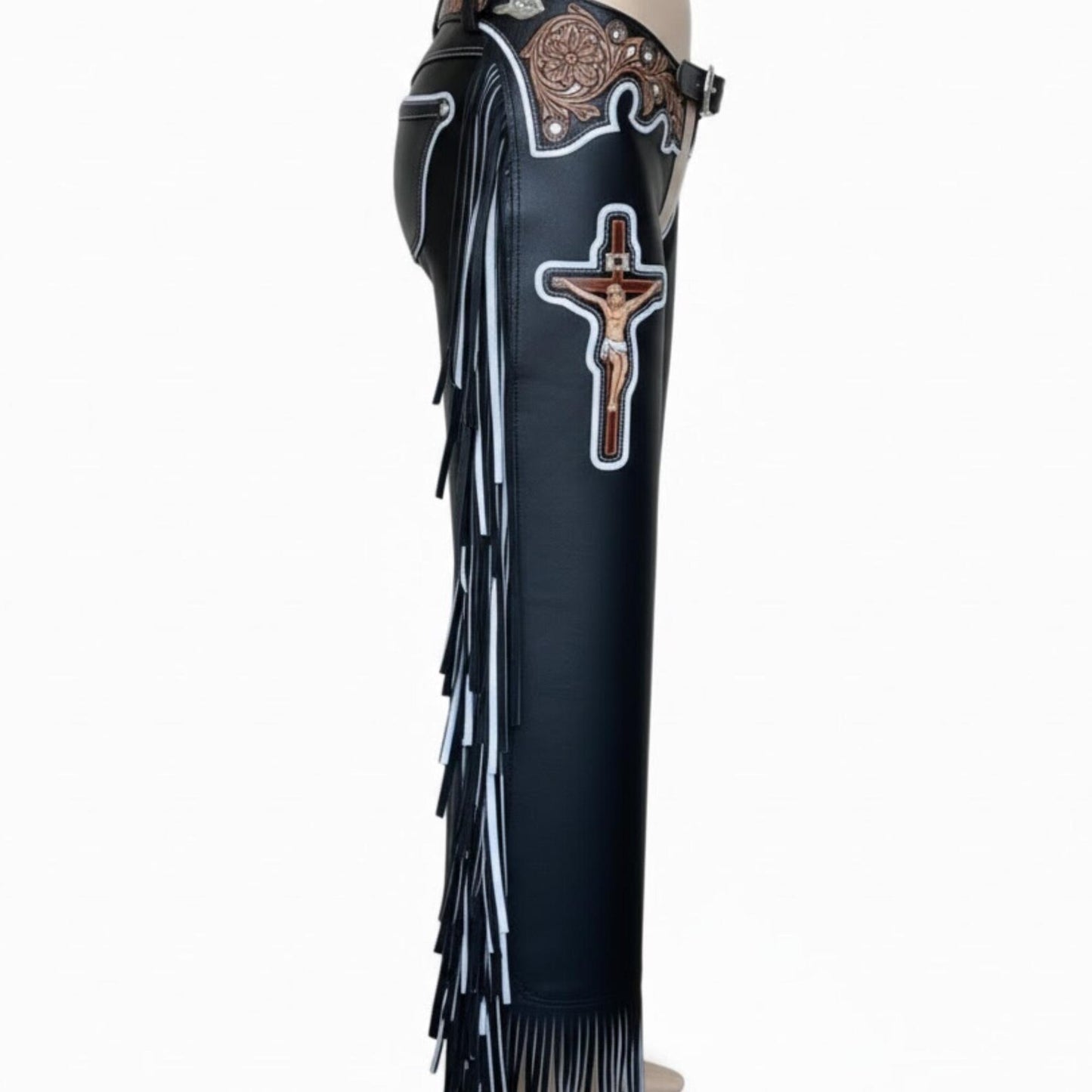 Custom Leather Bull Riding Chaps with Cross, Handmade Western Rodeo Cowboy Gear