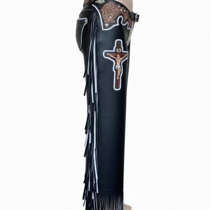 Custom Leather Bull Riding Chaps with Cross, Handmade Western Rodeo Cowboy Gear