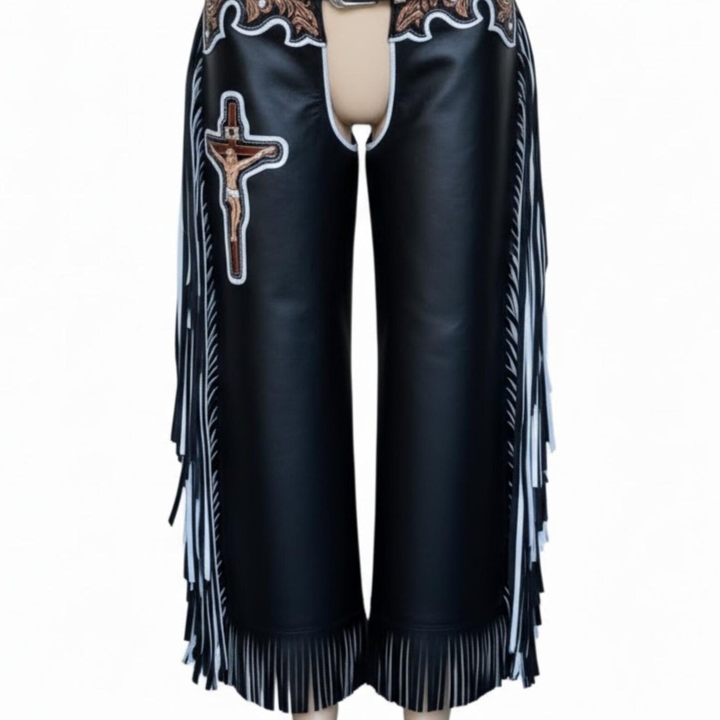 Custom Leather Bull Riding Chaps with Cross, Handmade Western Rodeo Cowboy Gear