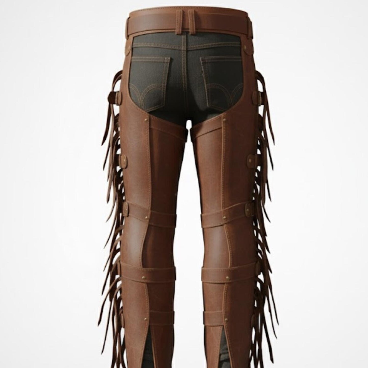 Handmade Brown Leather Cowboy Chaps – Mens Western Fringed Rodeo Gear.
