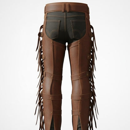 Handmade Brown Leather Cowboy Chaps – Mens Western Fringed Rodeo Gear.