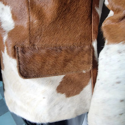 Handmade Brown White Cowhide Jacket for Men Hair On Hide Western Blazer