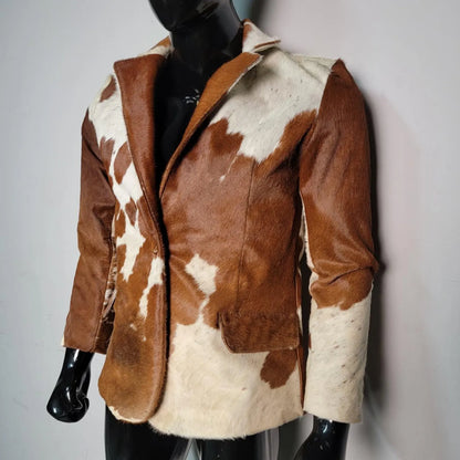 Handmade Brown White Cowhide Jacket for Men Hair On Hide Western Blazer