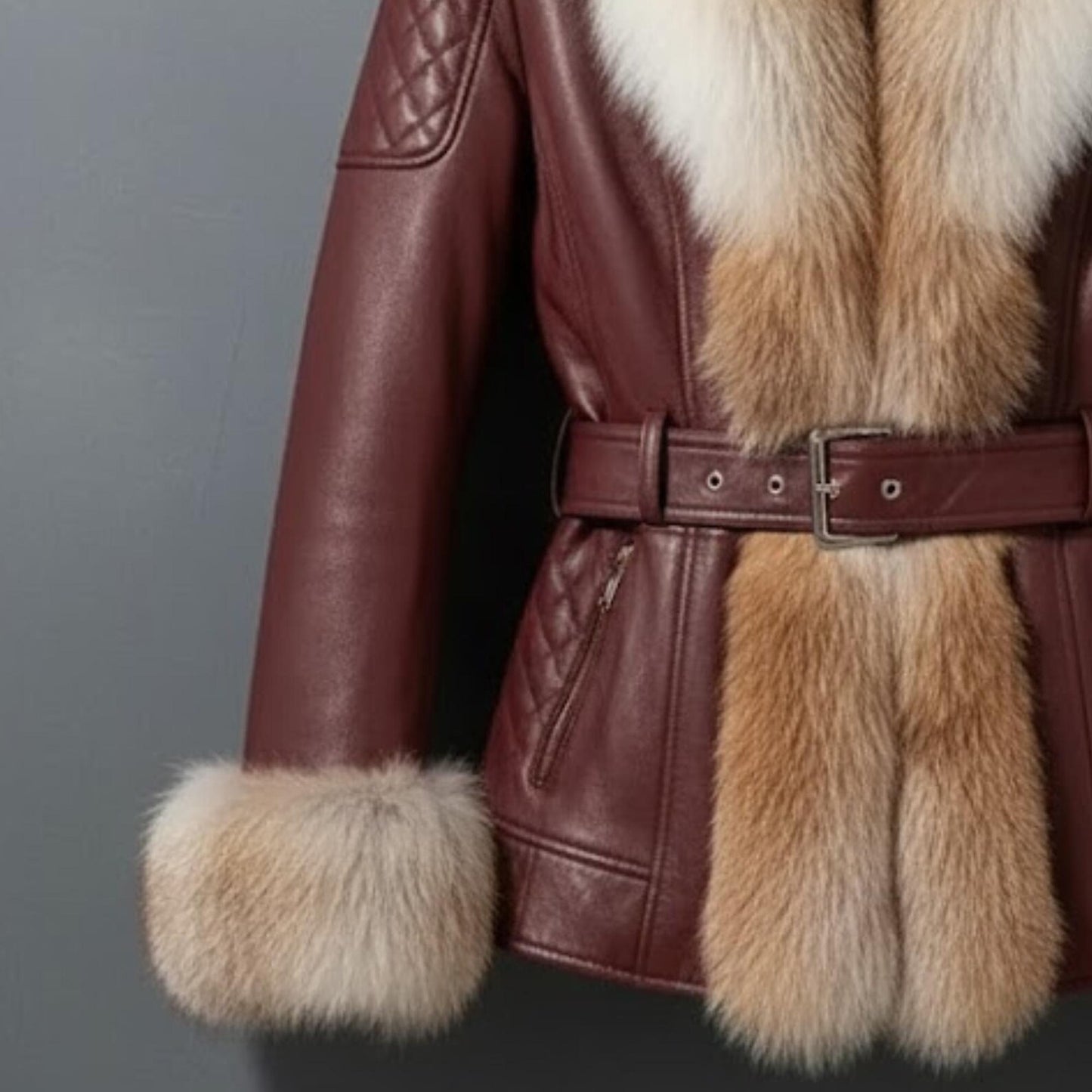 Handmade Burgundy Leather Fox Fur Jacket – Women's Winter Moto Coat, Real Fur Outerwear.