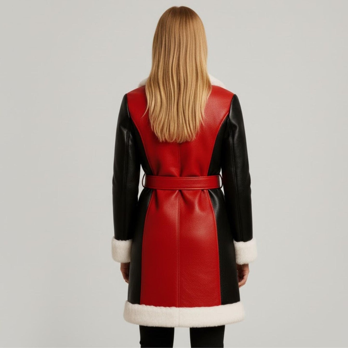 Custom Red Black Shearling Coat – Warm Faux Fur Winter Jacket for Women