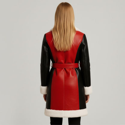 Custom Red Black Shearling Coat – Warm Faux Fur Winter Jacket for Women