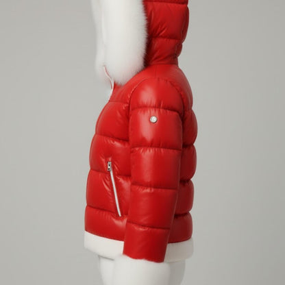 Handmade Red Leather Puffer Jacket – Warm Women's Winter Coat with Fur Hood