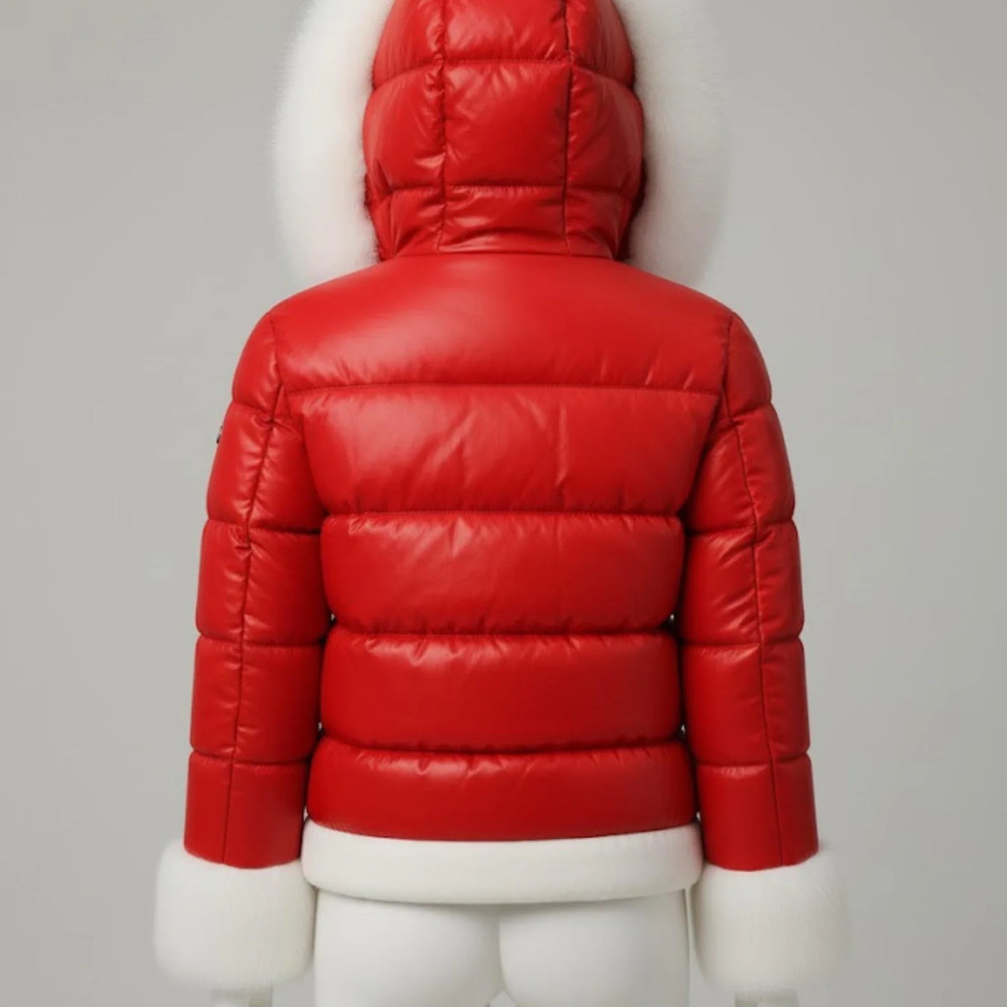 Handmade Red Leather Puffer Jacket – Warm Women's Winter Coat with Fur Hood