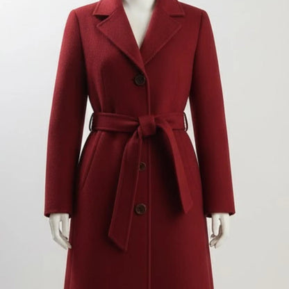 Handmade Red Wool Coat Women – Classic Belted Winter Outerwear, Minimalist Style