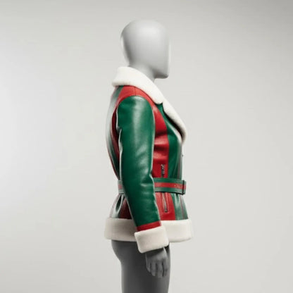 Handmade Red & Green Faux Leather Jacket – Festive Christmas Gift for Her