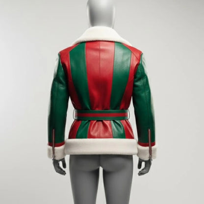 Handmade Red & Green Faux Leather Jacket – Festive Christmas Gift for Her