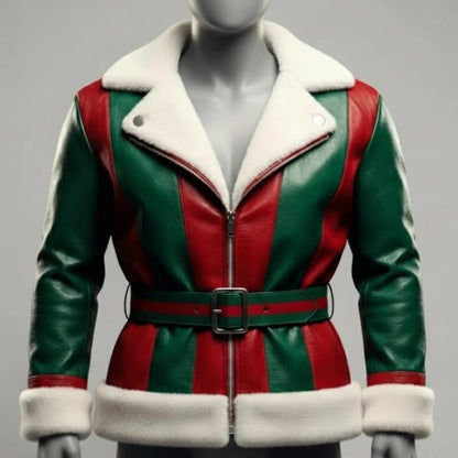 Handmade Red & Green Faux Leather Jacket – Festive Christmas Gift for Her