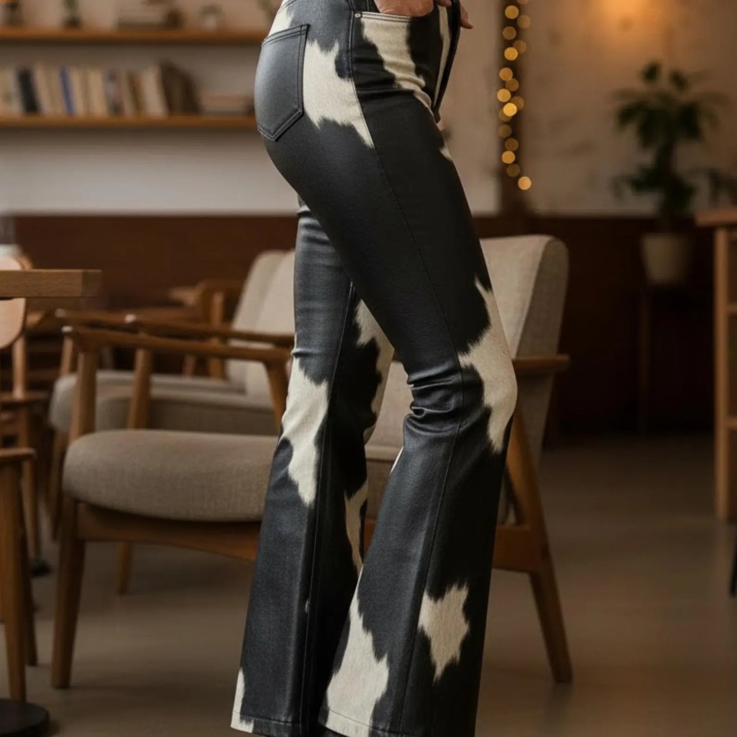 Handmade Cow Print Faux Leather Pants - Western Flare Pants for Festivals