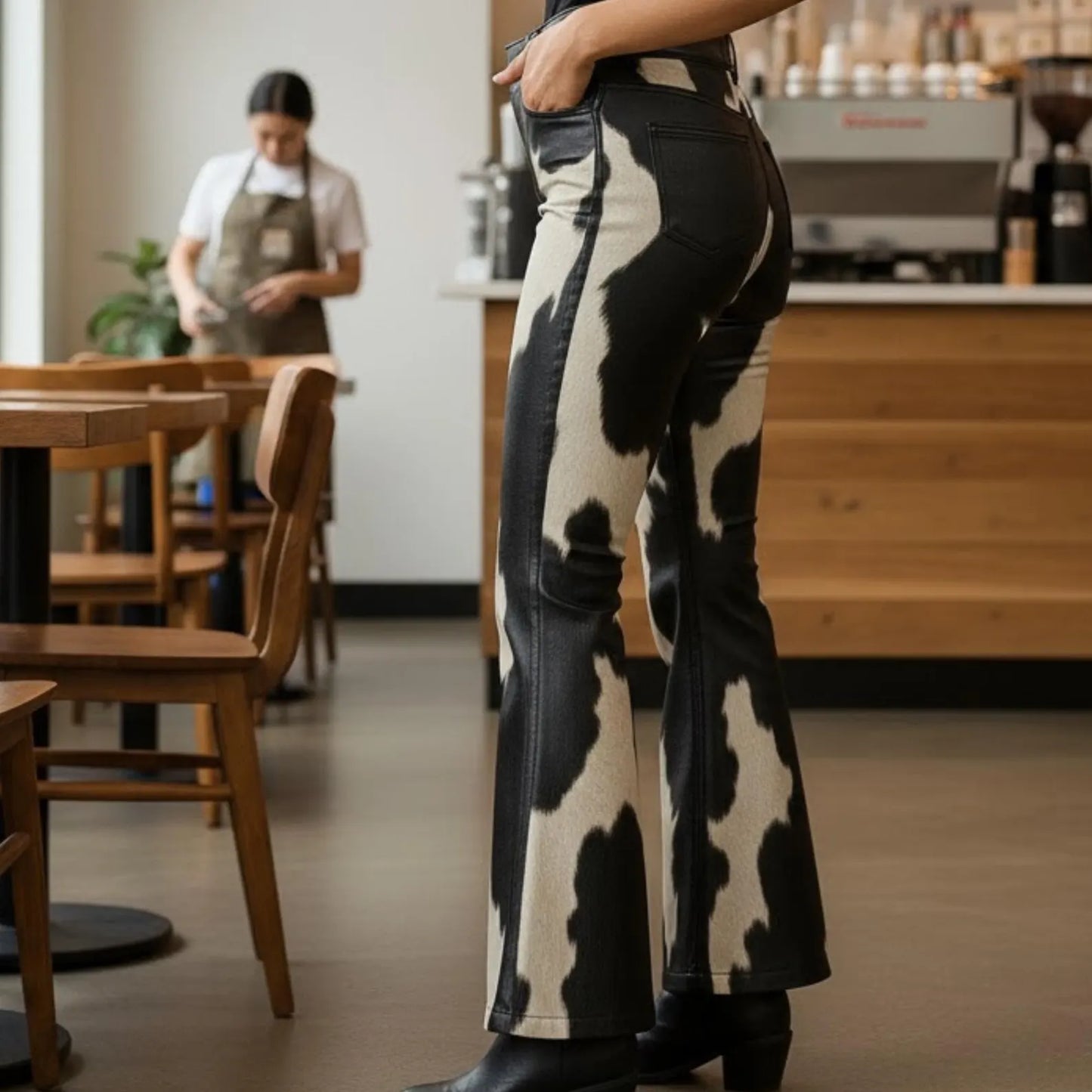 Handmade Cow Print Faux Leather Pants - Western Flare Pants for Festivals