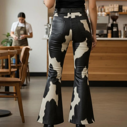 Handmade Cow Print Faux Leather Pants - Western Flare Pants for Festivals