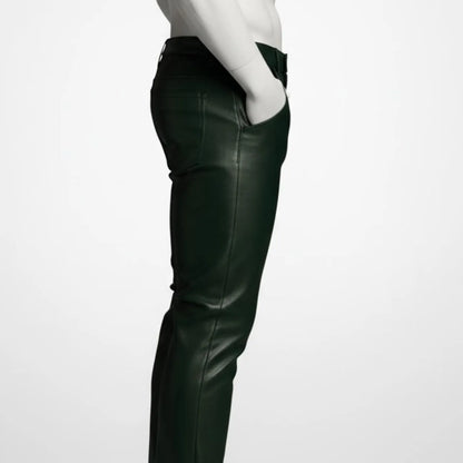 Handmade Green Biker Leather Pants for Men, Custom Edgy Streetwear Trousers Gift.