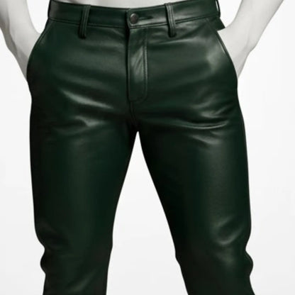 Handmade Green Biker Leather Pants for Men, Custom Edgy Streetwear Trousers Gift.