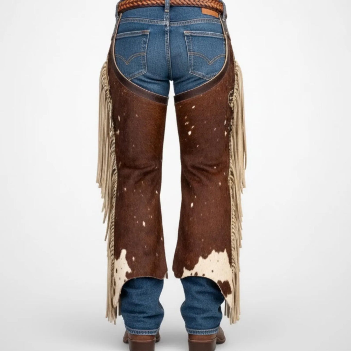Handmade Brown Hair On Hide Cowhide Chaps with Western Fringe for Rodeo Wear
